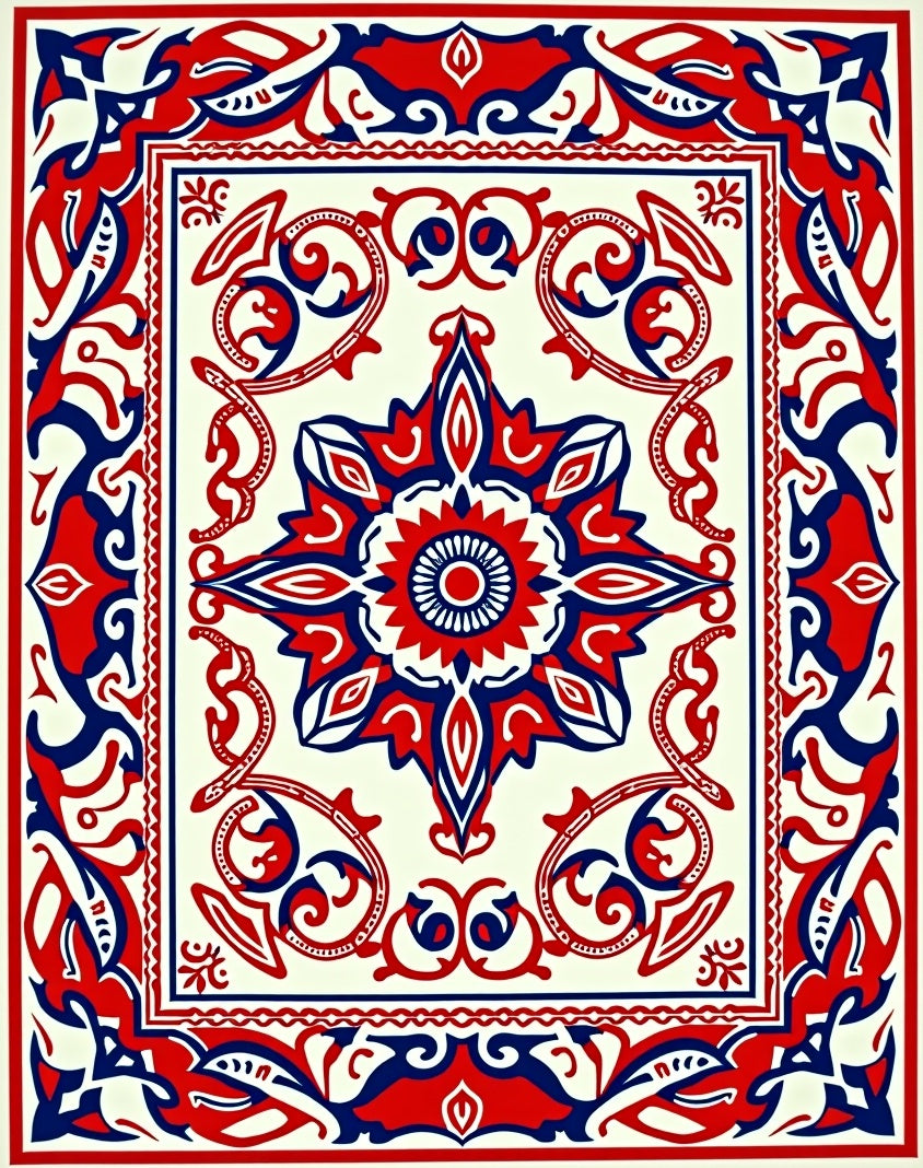 Crimson Navy White Medallion Mandala Rug