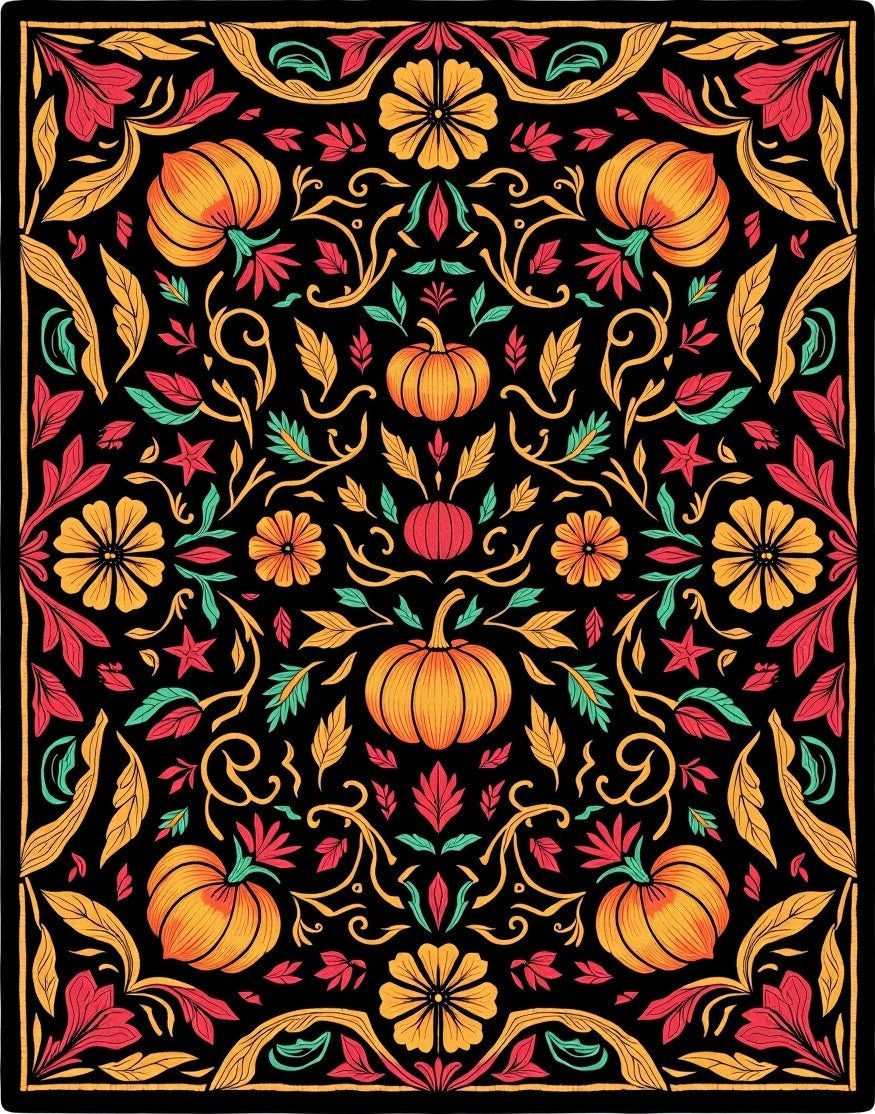 Autumn Pumpkin Floral Scroll Black Rug