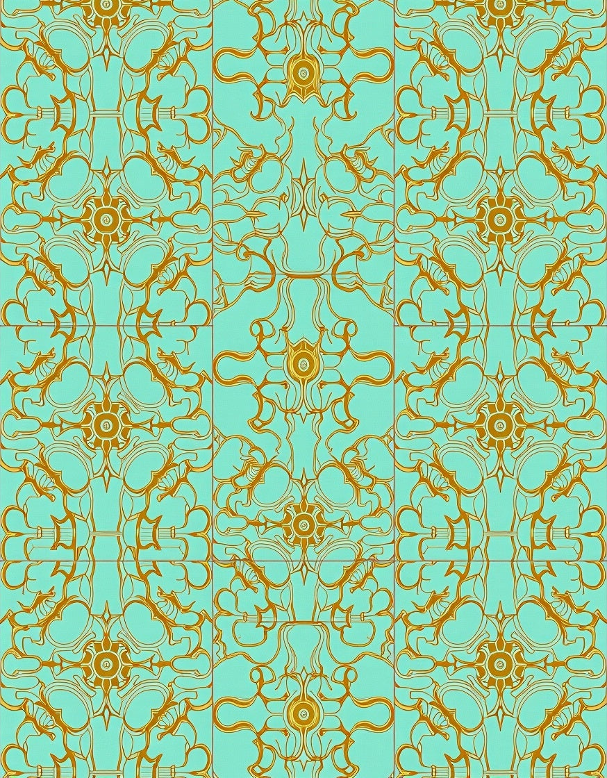 Golden Art Nouveau Floral Tile Rug