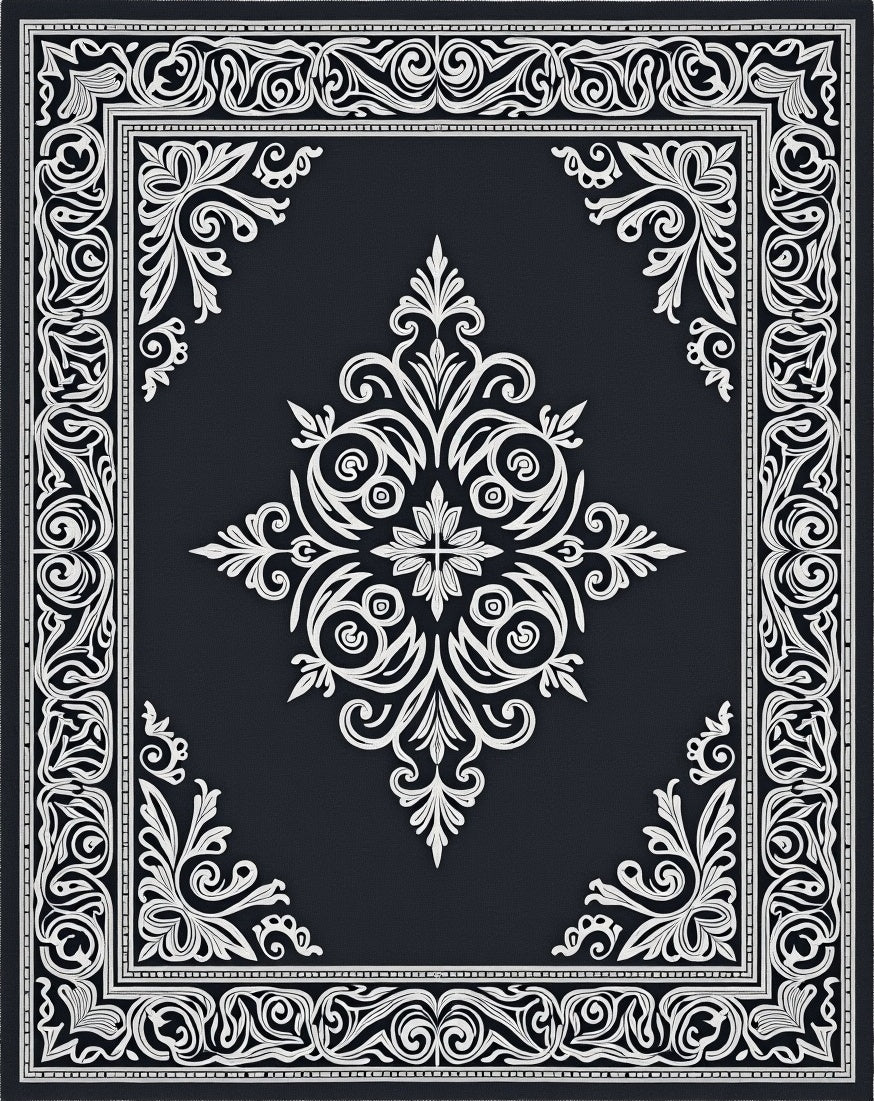 Ornate Black White Scrollwork Interior Rug