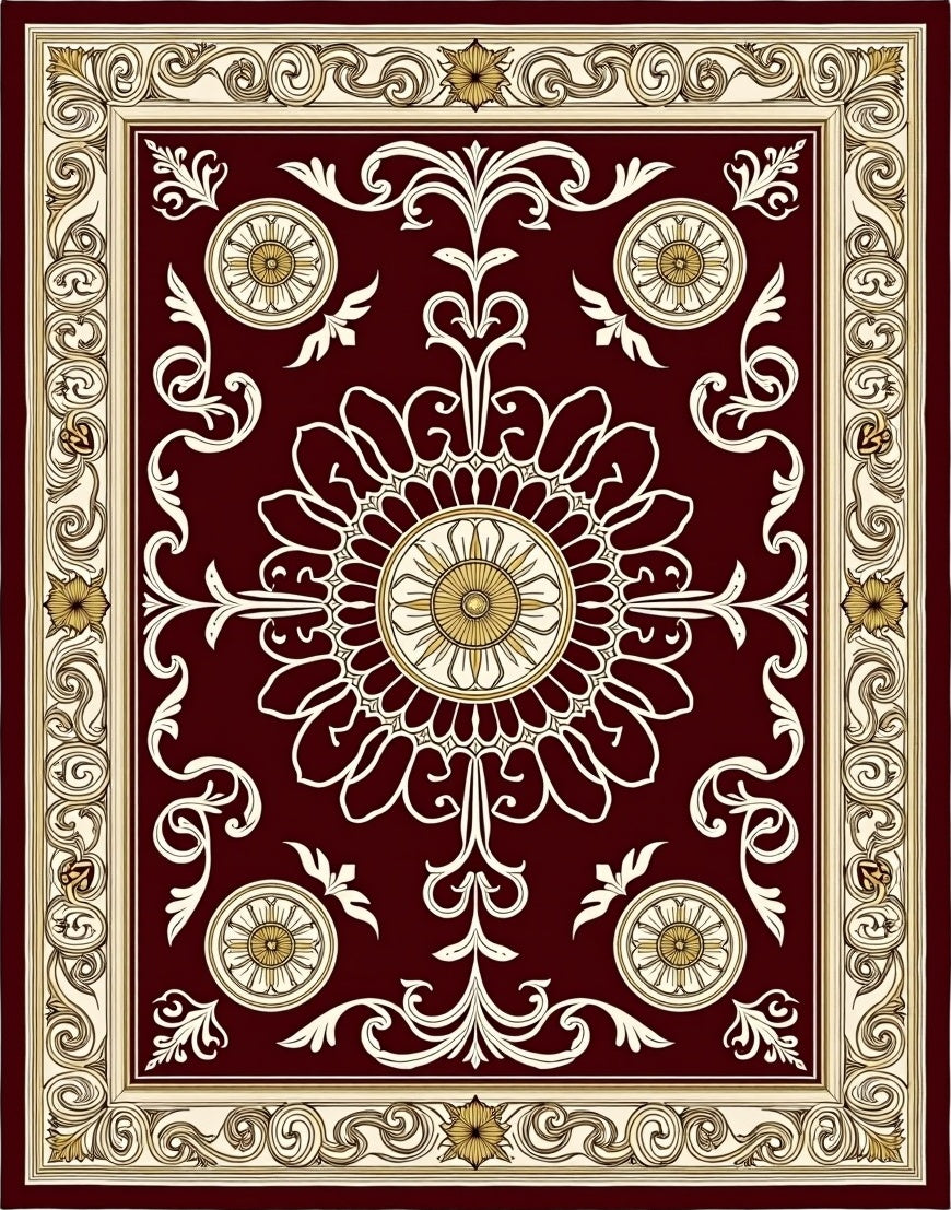 Rich Crimson Floral Scroll Medallion Rug