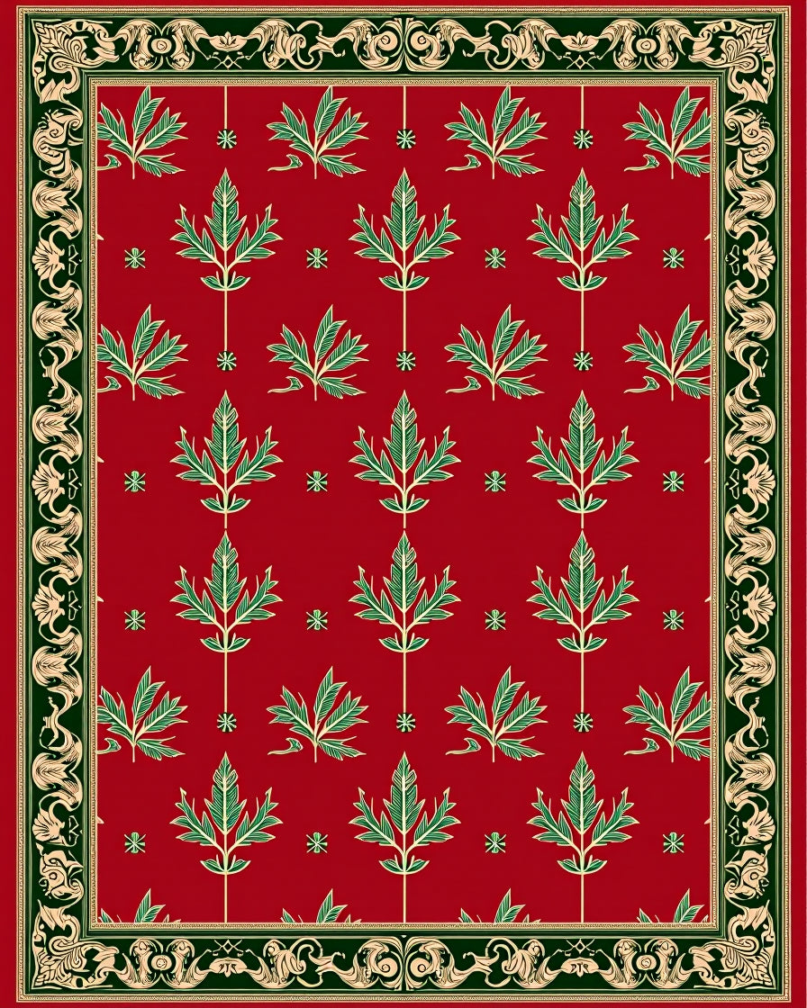 Crimson Green Leaf Ornamental Border Rug