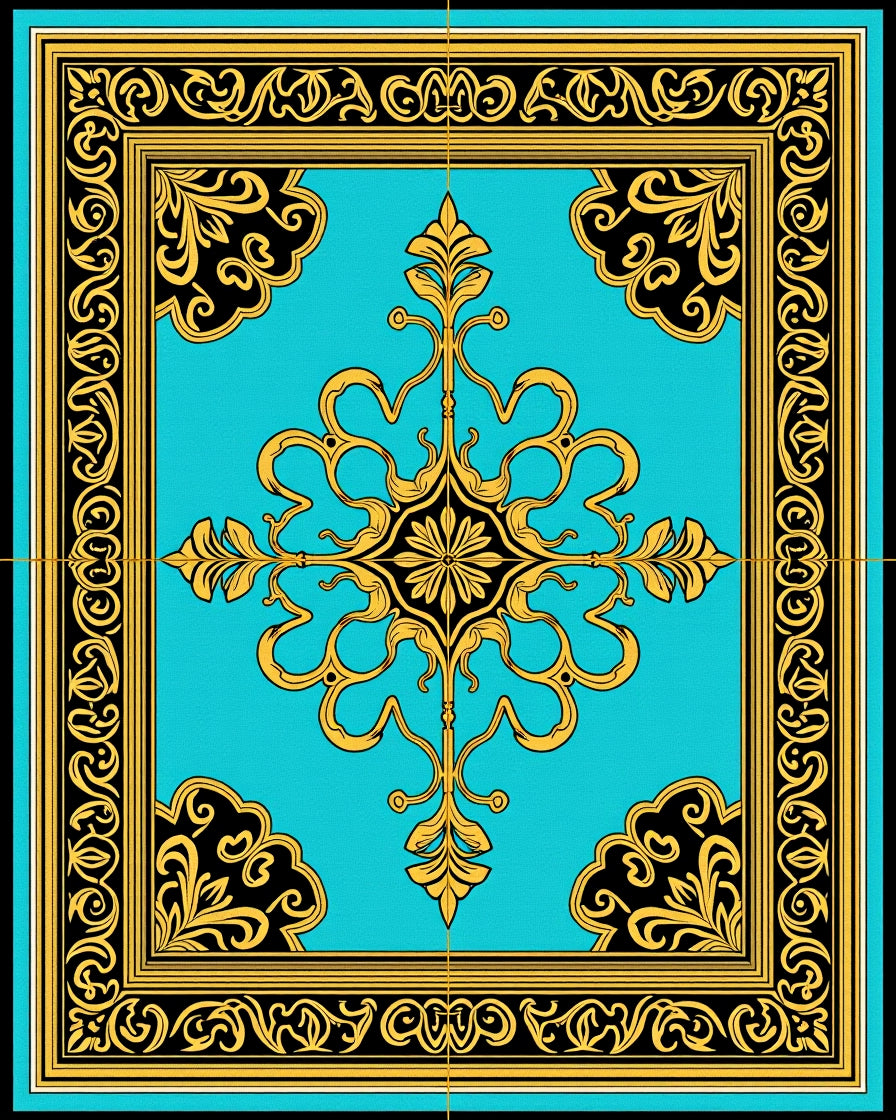 Aqua Gold Black Baroque Flourish Rug