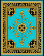 Aqua Gold Black Baroque Flourish Rug
