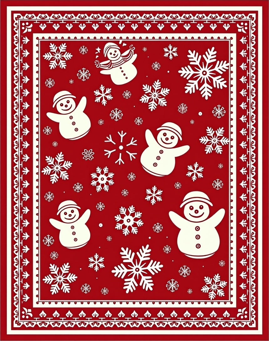 Joyful Red Snowman Snowflake Celebration Rug