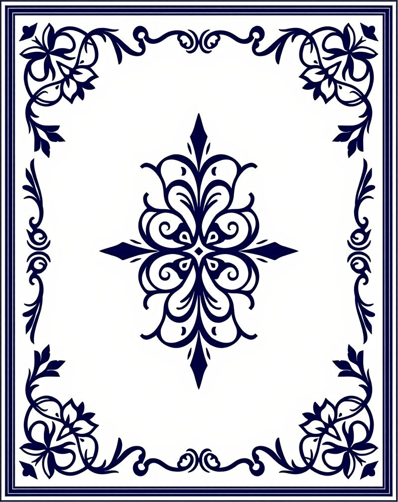 Classic Navy Floral Medallion Frame Rug
