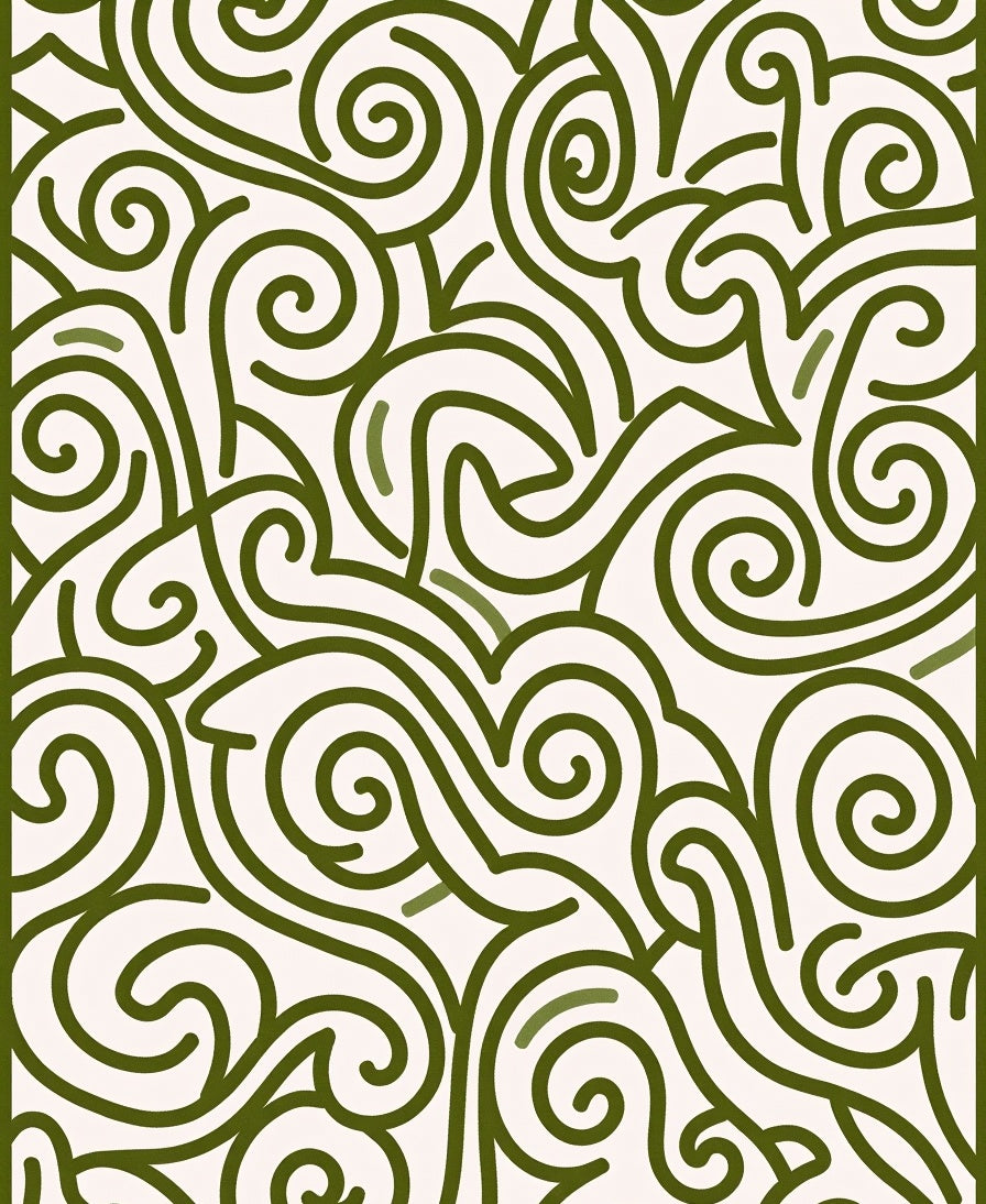 Green Swirl Abstraction Line Art Rug