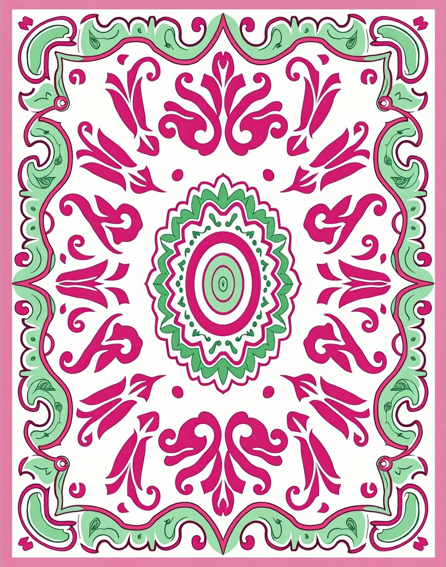 Fuchsia Mint Floral Frame Medallion Rug