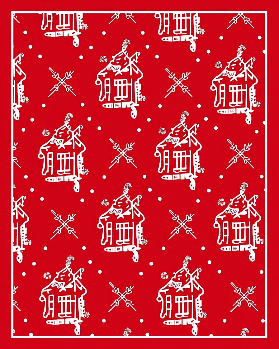 Charming Red White Folk Art Village Rug