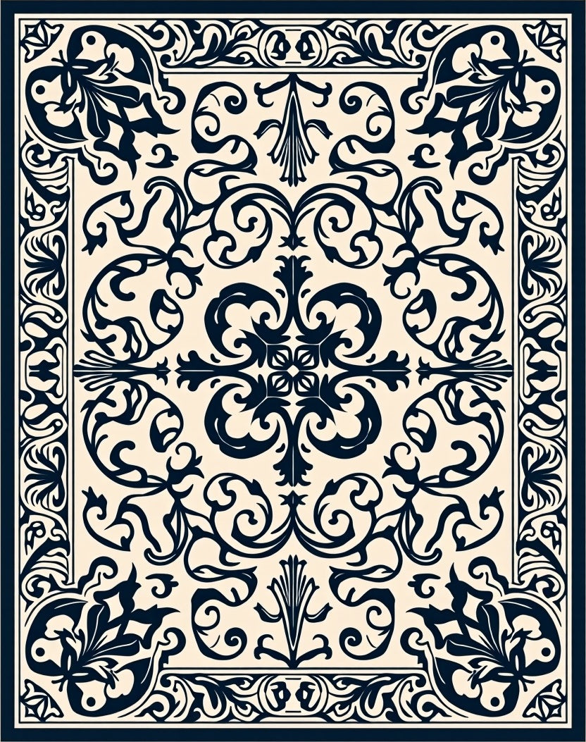 Cream and Navy Baroque Floral Scroll Rug