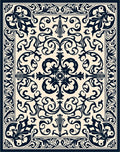 Cream and Navy Baroque Floral Scroll Rug