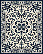 Cream and Navy Baroque Floral Scroll Rug