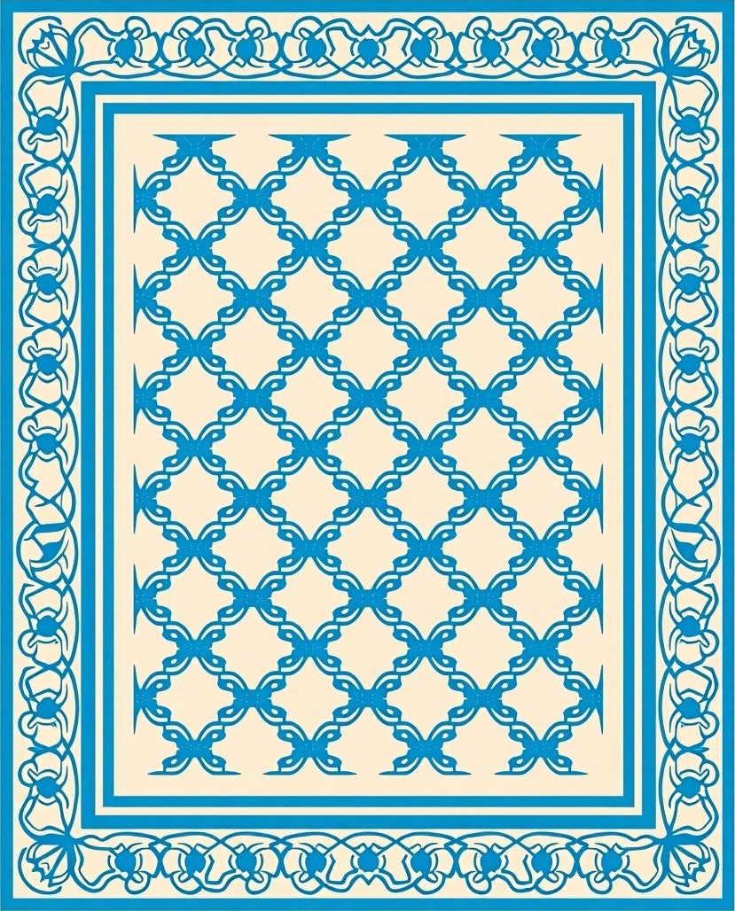 Ornate Blue Cream Lattice Border Rug
