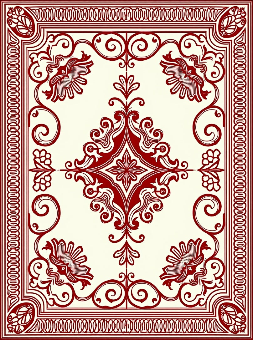 Crimson Floral Scroll Border Rug