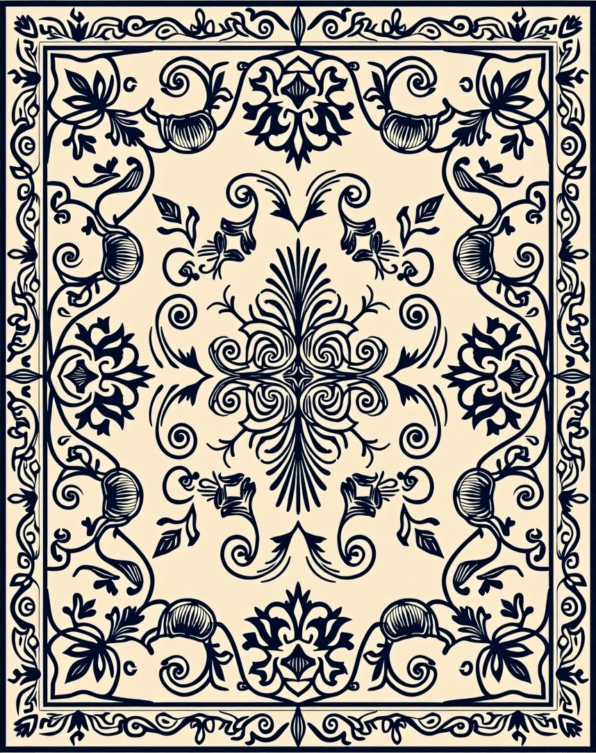 Black and Cream Damask Floral Border Rug