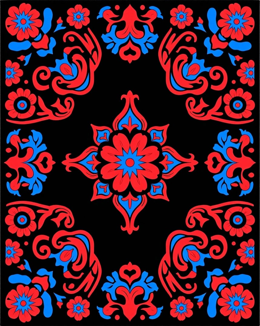 Reds Blues Black Floral Symmetry Rug