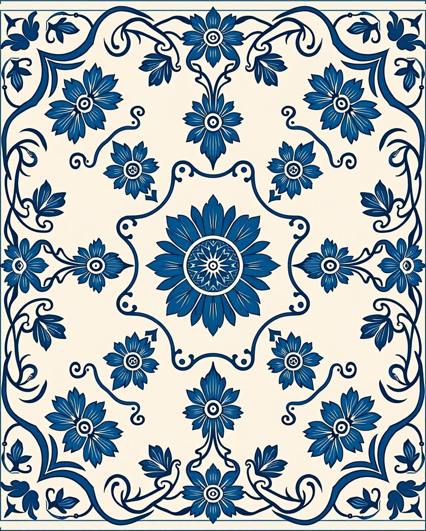 Deep Blue Floral Vine Scroll Rug