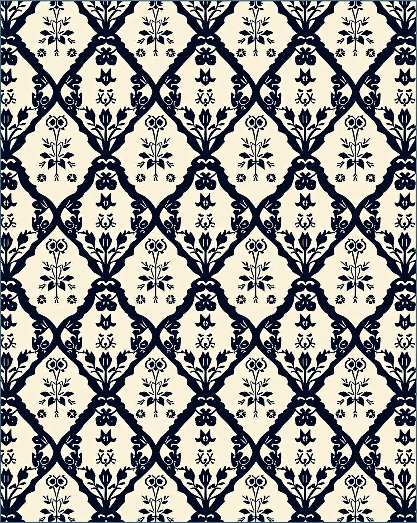 Cream and Navy Floral Trellis Rug