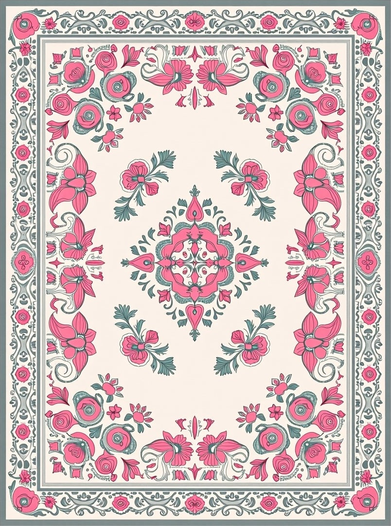 Pink Floral Medallion Vintage Border Rug