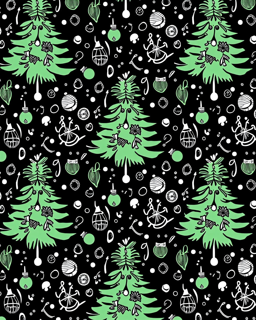 Festive Green Christmas Trees Ornaments Black Rug