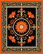 Orange Floral Sunburst Black Frame Rug