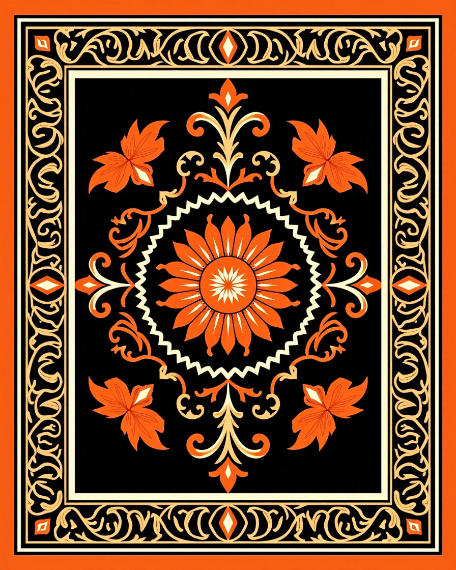Orange Floral Sunburst Black Frame Rug