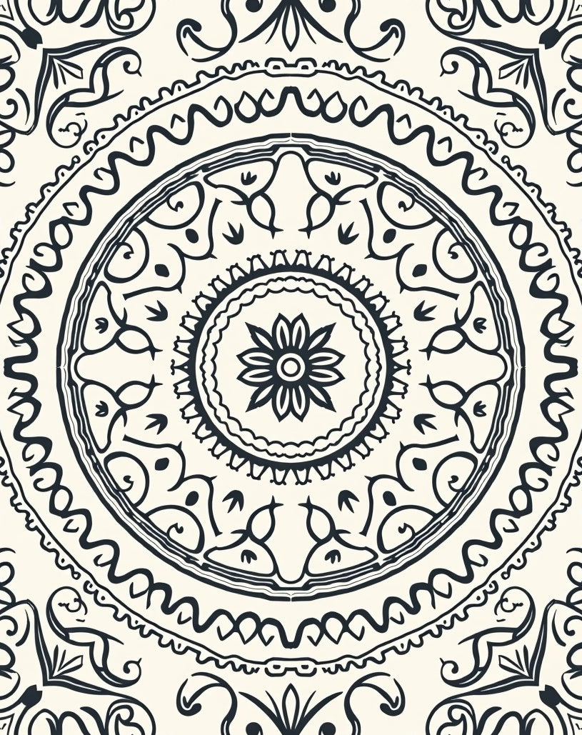 Dark Navy Cream Mandala Flourish Rug