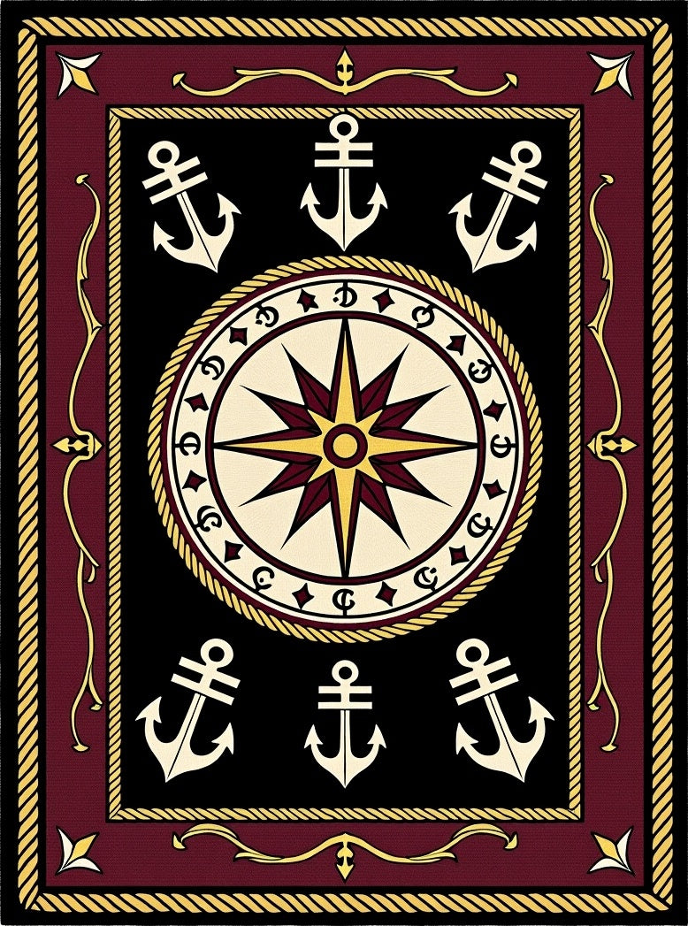 Maroon Compass Anchor Nautical Theme Rug