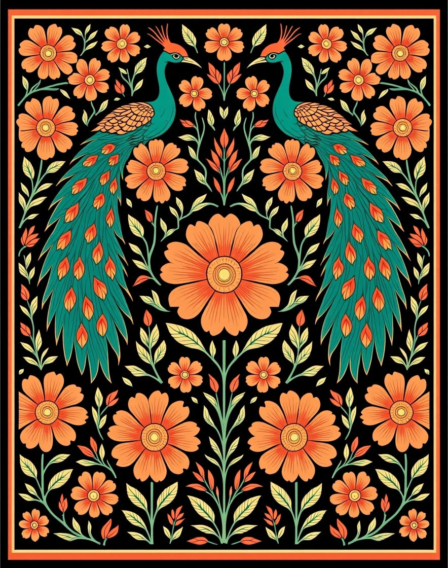 Emerald Peacock Orange Floral Garden Rug