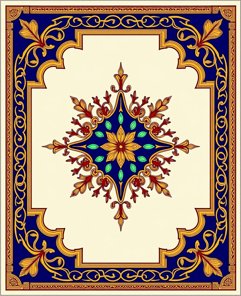 Elegant Navy Gold Floral Medallion Rug