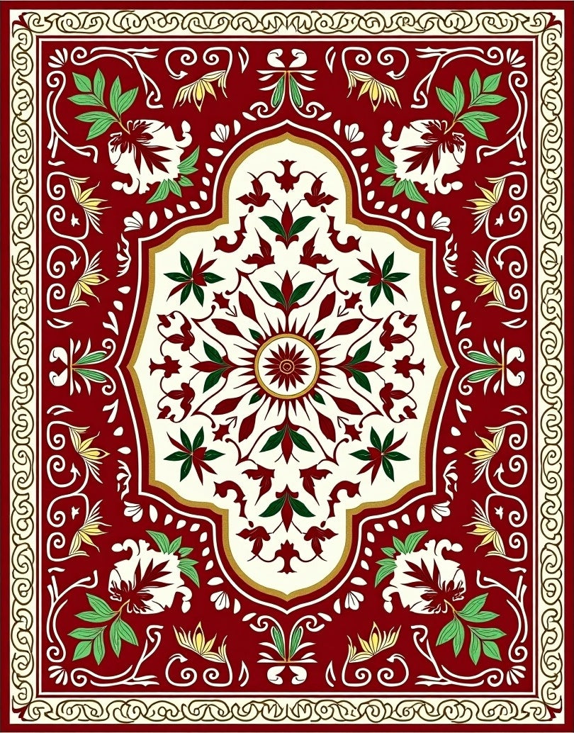 Crimson Green Floral Medallion Border Rug