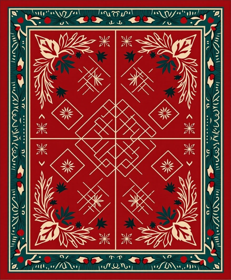 Red Cream Green Folk Floral Geometric Rug