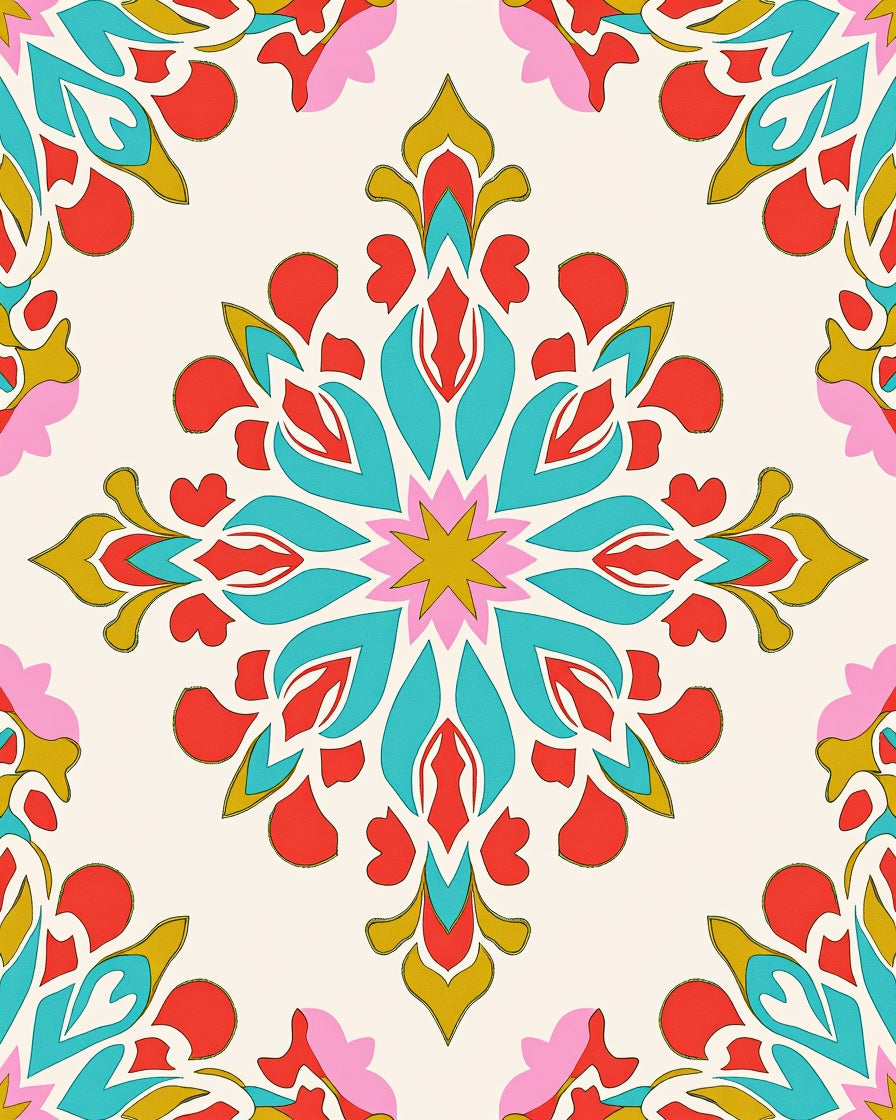 Vibrant Red Teal Floral Starburst Rug