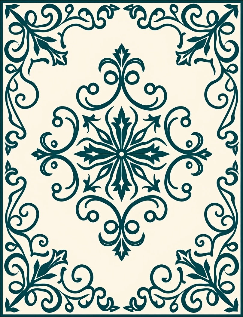 Teal Floral Scroll Medallion Cream Rug