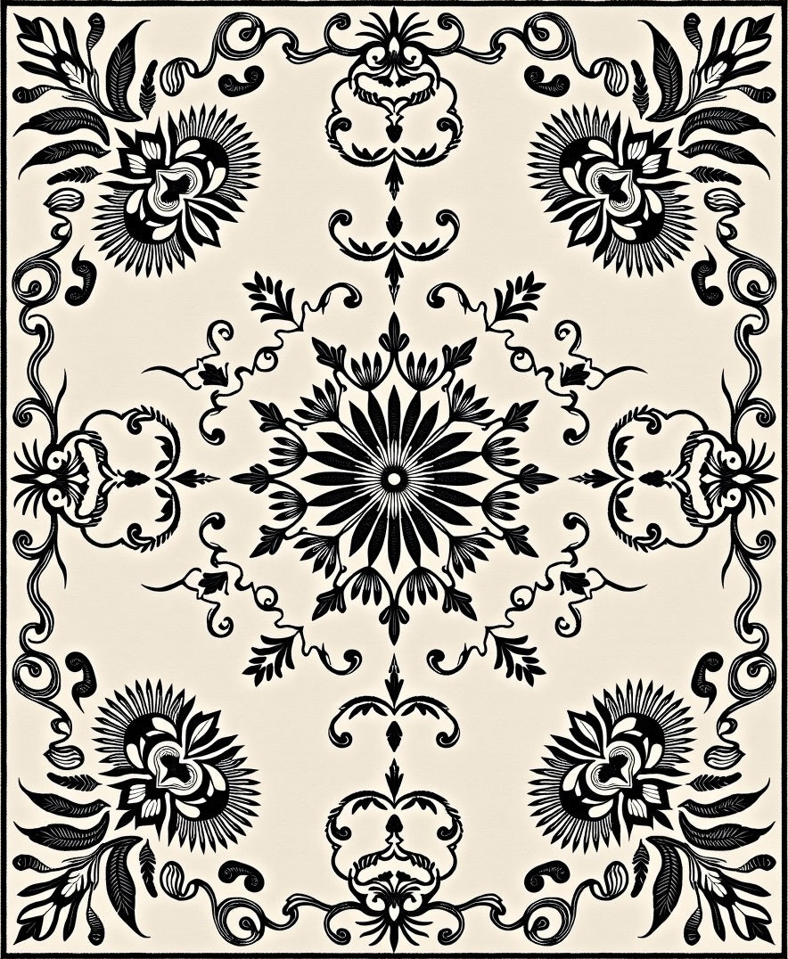 Black and Cream Floral Symmetry Rug