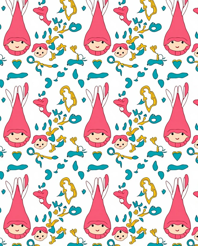 Whimsical Pink Gnomes Teal Hearts Yellow Swirls Rug