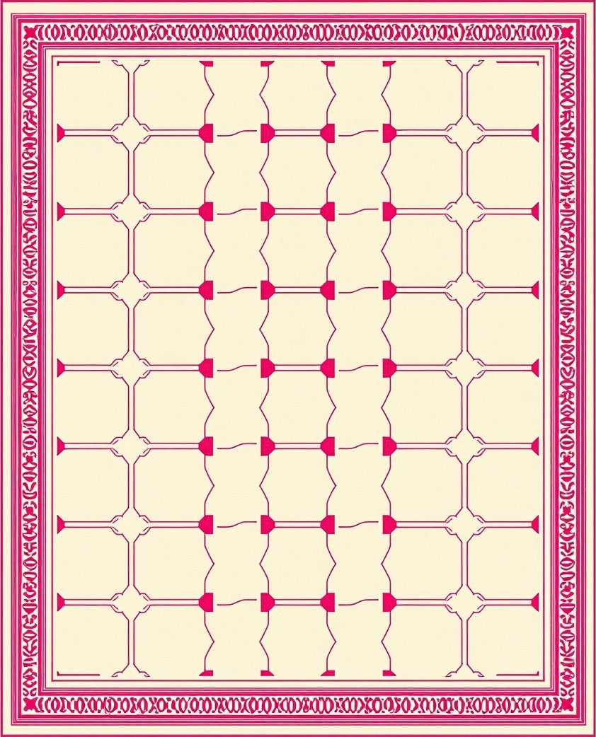 Crimson Lattice Bordered Geometric Field Rug