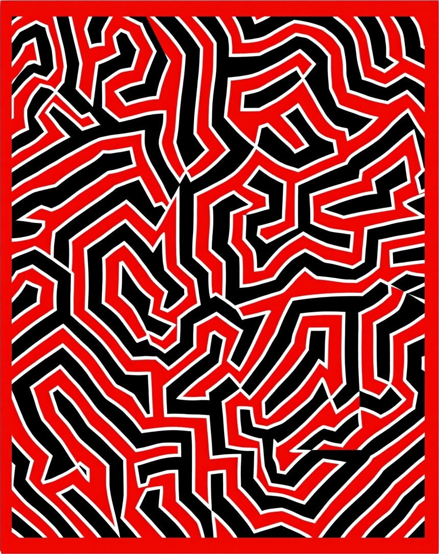 Bold Red Black Geometric Maze Rug