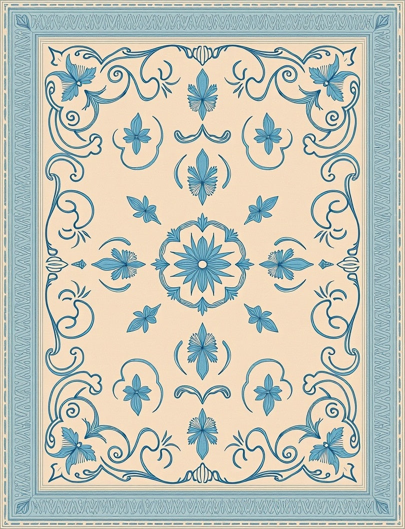 Pale Blue Floral Medallion Border Rug