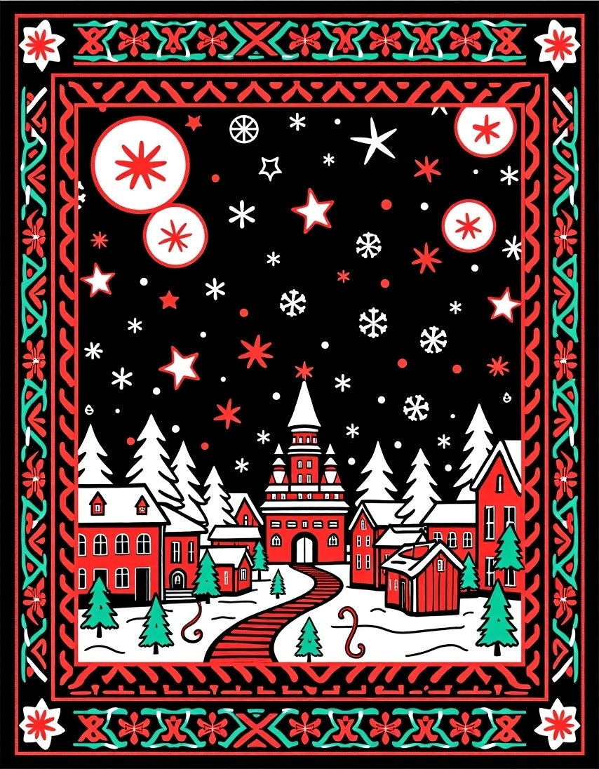 Crimson Red Winter Village Snowflakes Rug