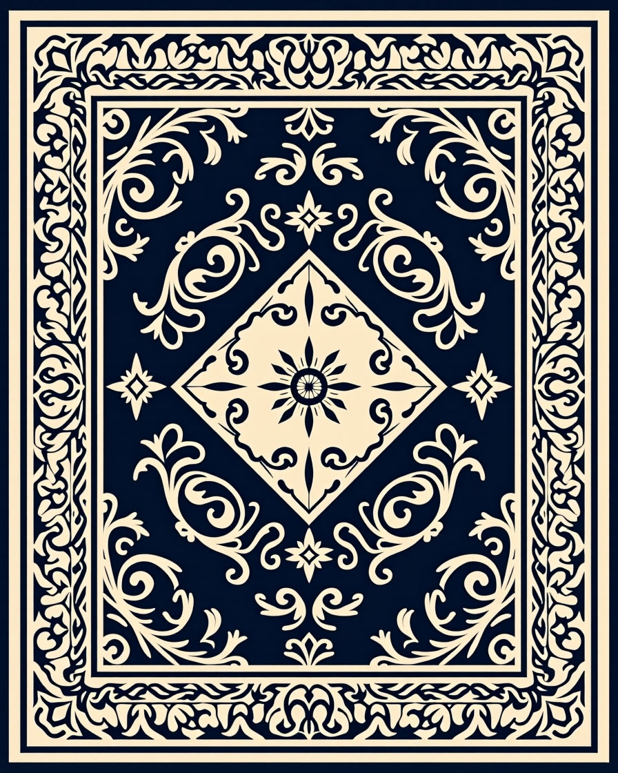 Navy Cream Ornate Scroll Medallion Rug