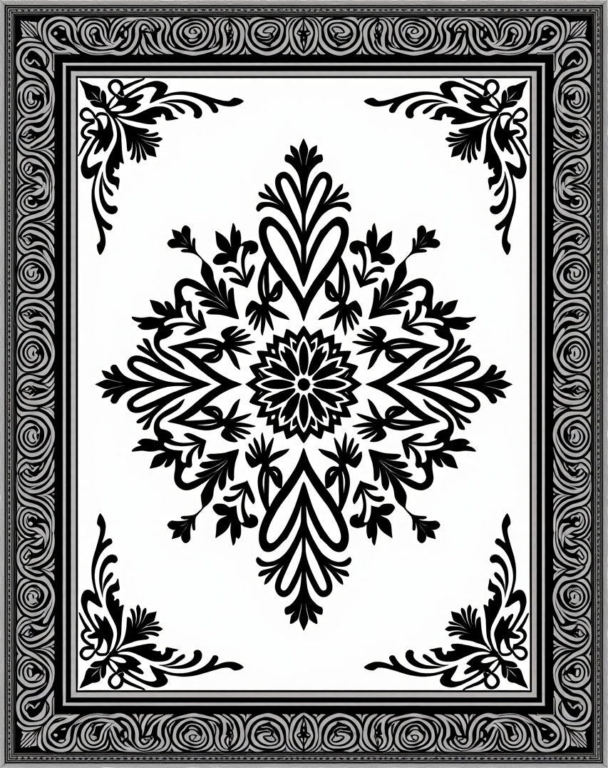 Monochromatic Black and White Medallion Frame Rug