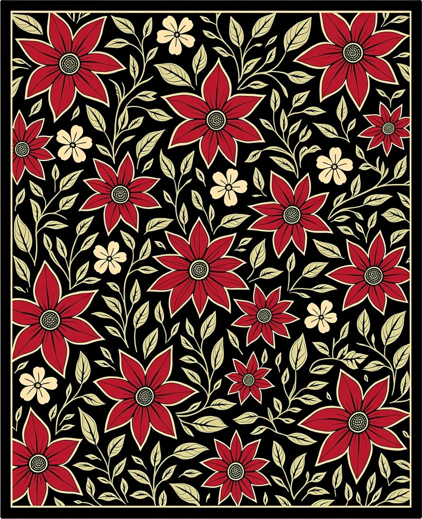 Crimson Floral Black Garden Weave Rug