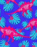 Vivid Pink Dinosaur Tropical Leaf Rug