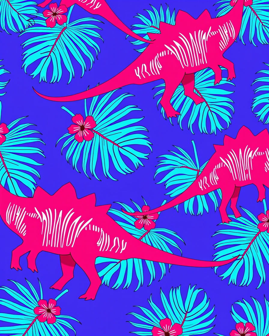 Vivid Pink Dinosaur Tropical Leaf Rug