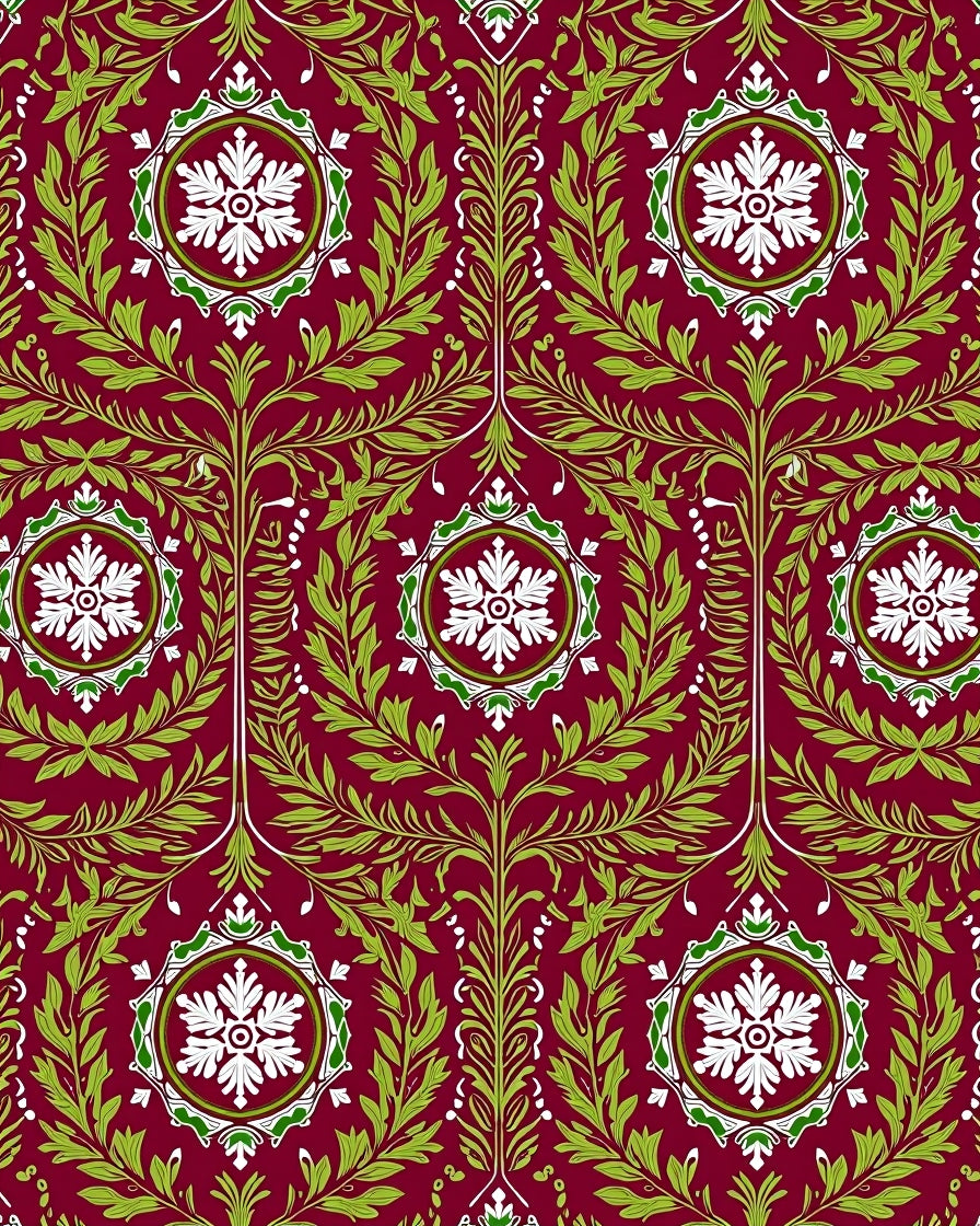 Crimson Green White Floral Vine Medallions Rug