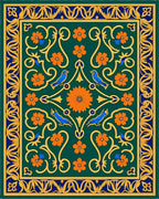 Emerald Green Floral Bird Border Rug