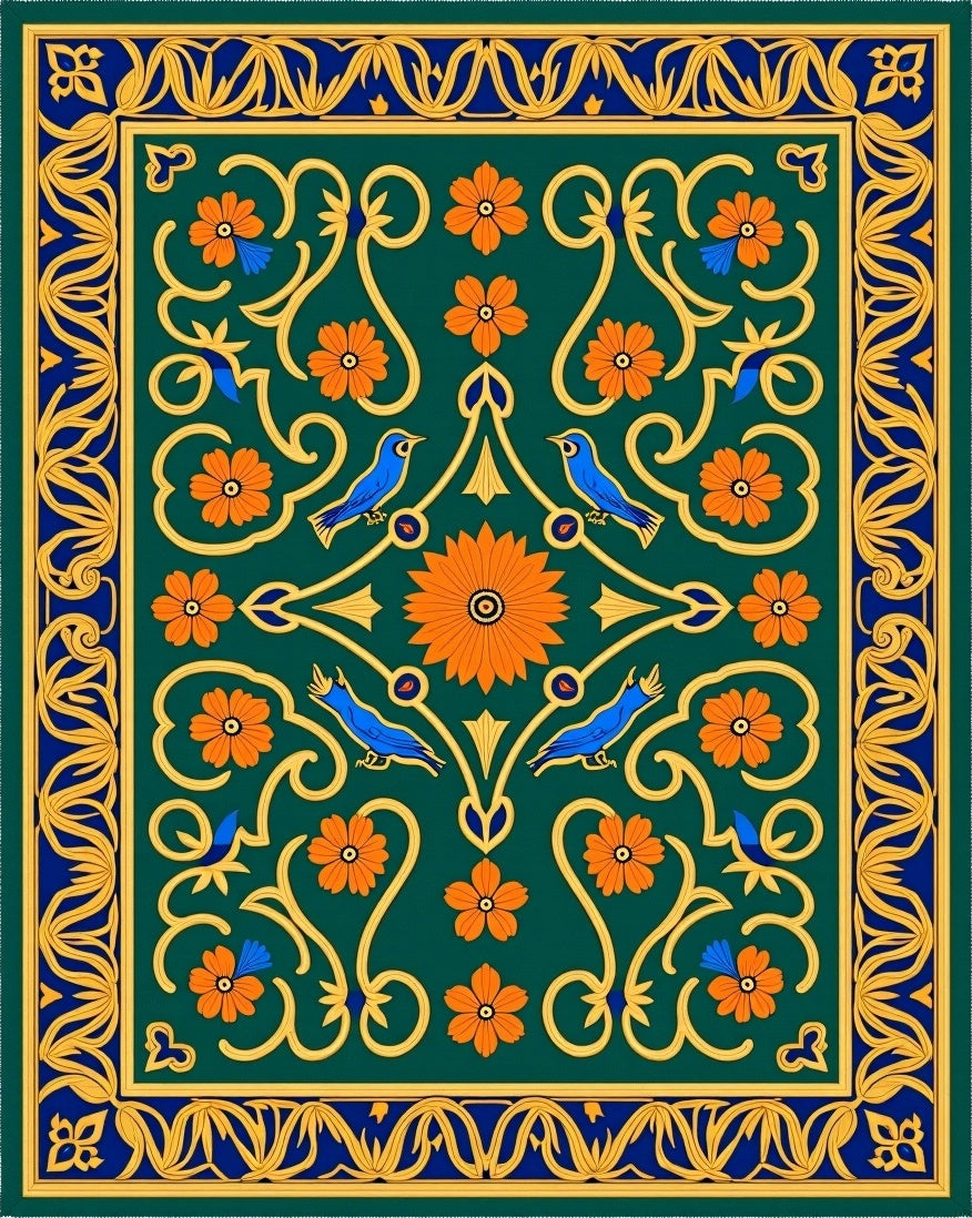 Emerald Green Floral Bird Border Rug