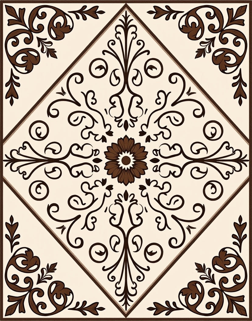 Cream Brown Floral Arabesque Square Rug
