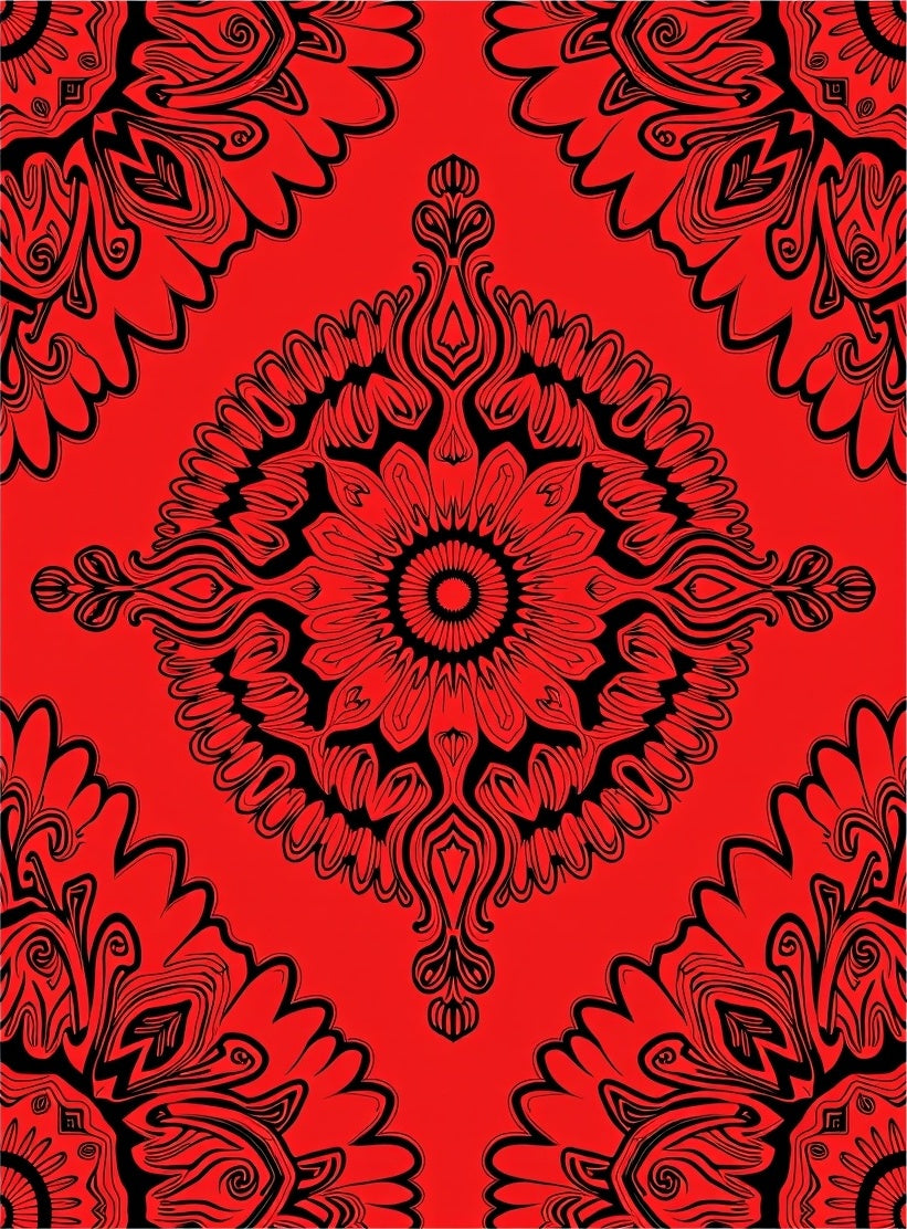 Vibrant Red Black Mandala Medallion Rug